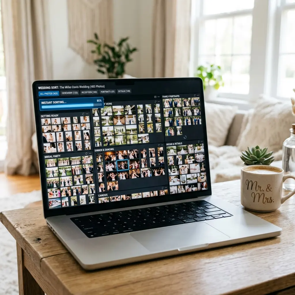 A laptop screen showing hundreds of photos being instantly sorted by AI