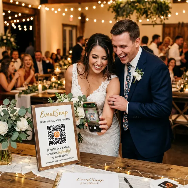 A bride and groom laughing as they scan a beautifully designed JollyPics QR code sign with their phone at a wedding.