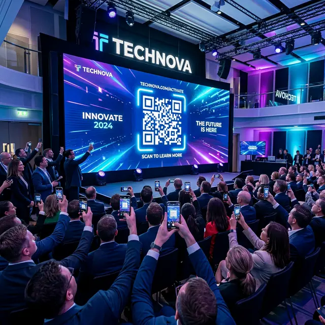 Sleek corporate product launch event in an auditorium with professionals scanning a giant glowing QR code.