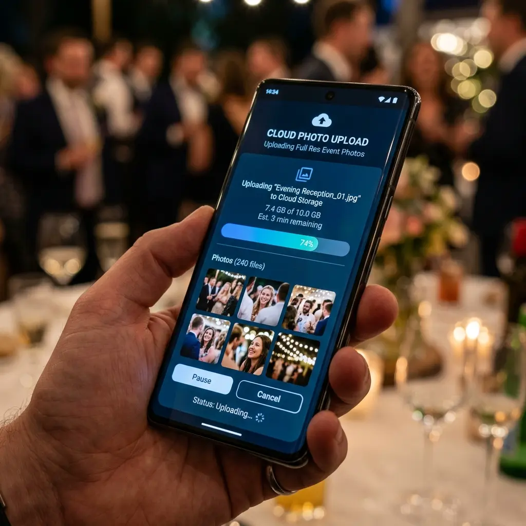Smartphone screen showing seamless web progress bar uploading high-resolution event photos directly to cloud storage