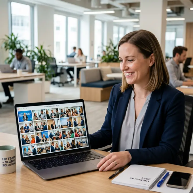 HR professional looking at laptop screen filled with high resolution corporate event photos