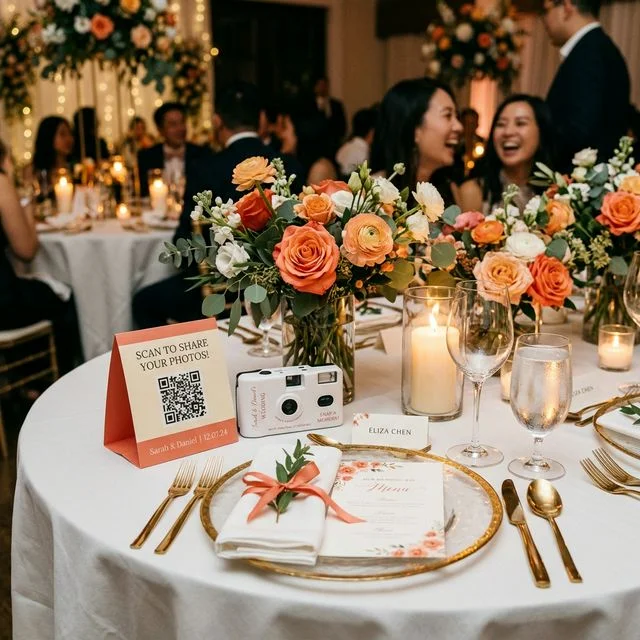 Disposable camera wedding alternative next to a JollyPics QR code tent card