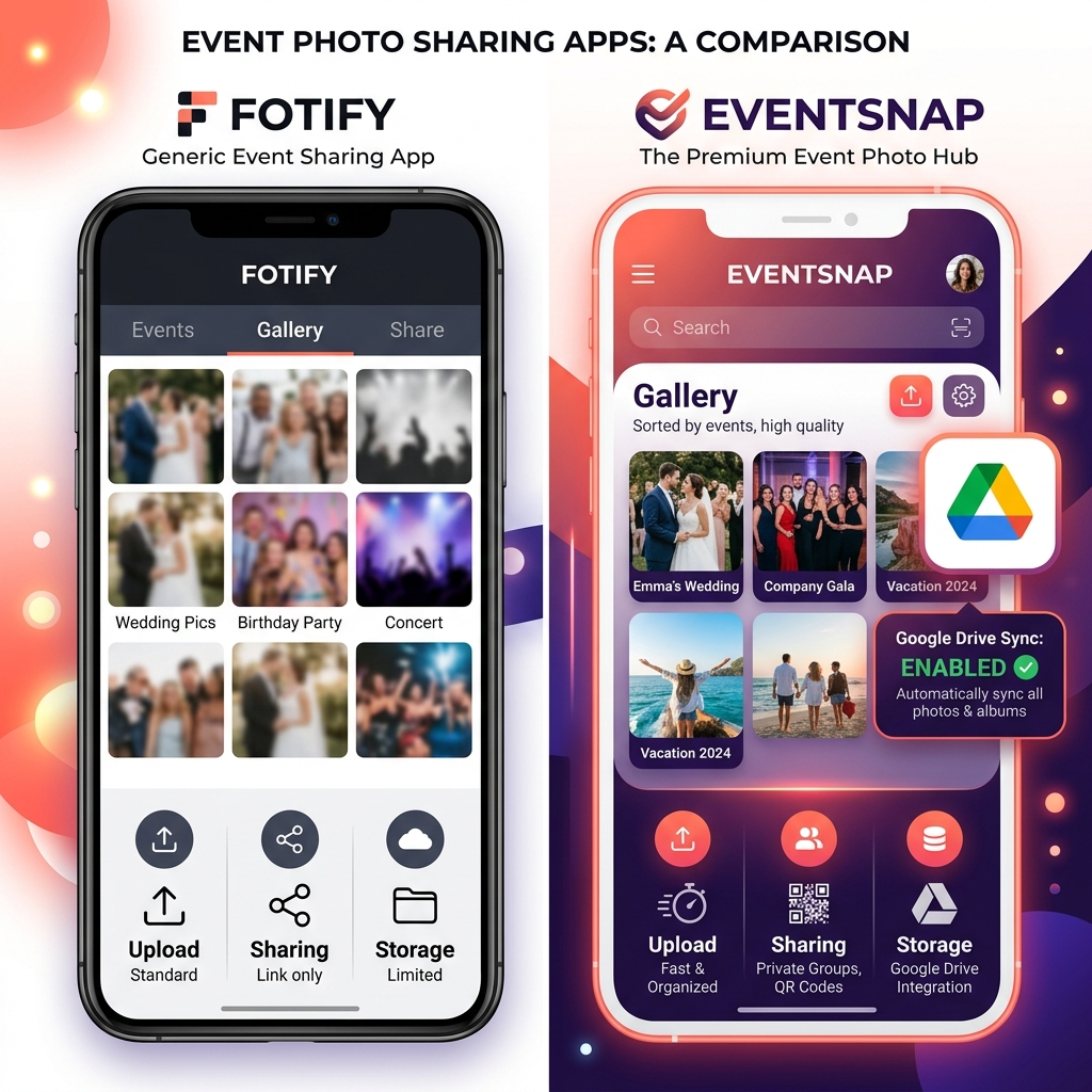 Fotify vs JollyPics interface comparison showing generic vs Google Drive integration