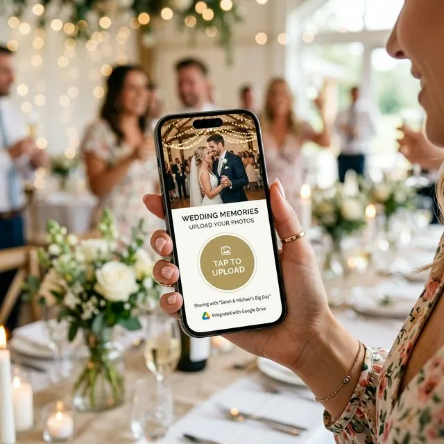 Guest holding a smartphone uploading wedding photos from the browser without signing in to Google