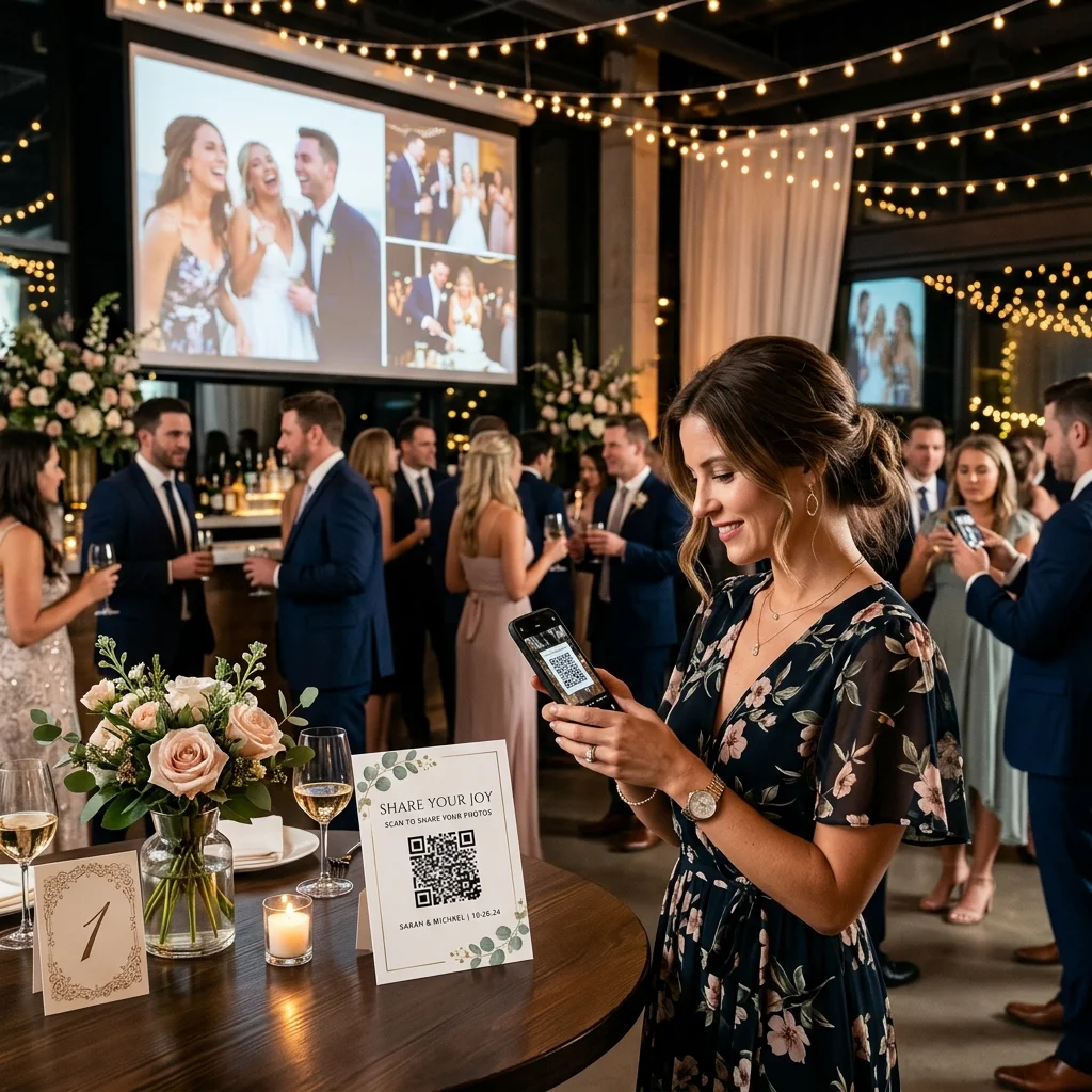 Wedding guest scanning JollyPics QR code at reception with live slideshow