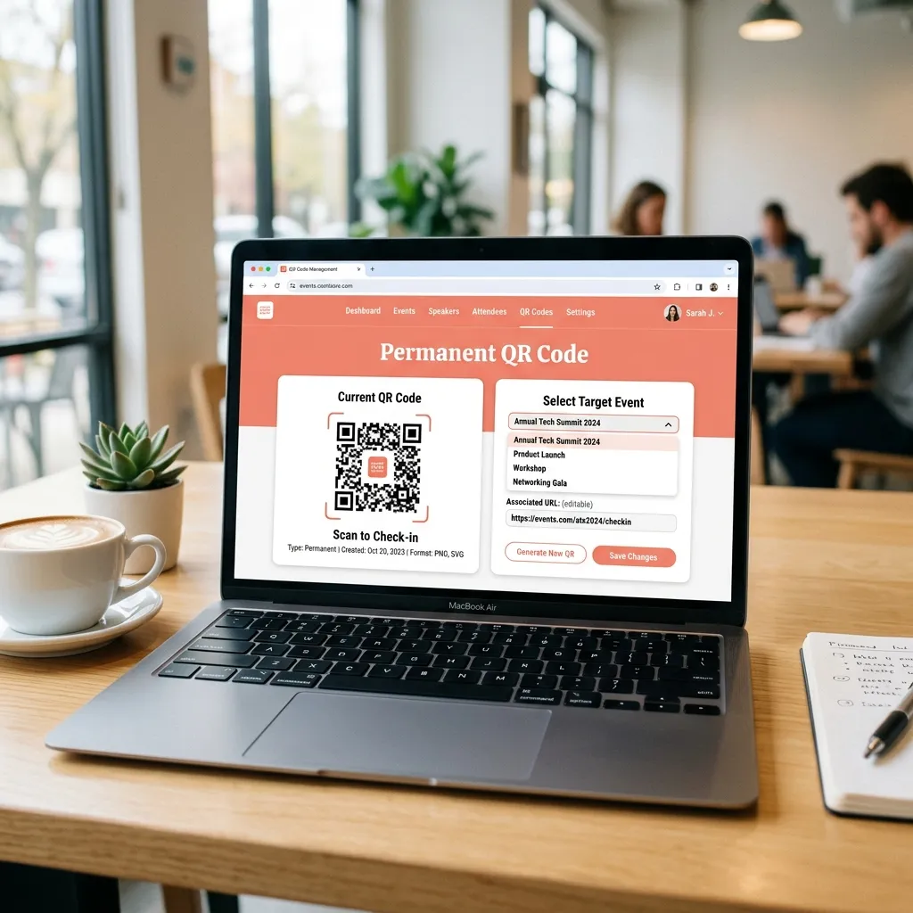 JollyPics dashboard showing permanent QR code management with target event selection dropdown