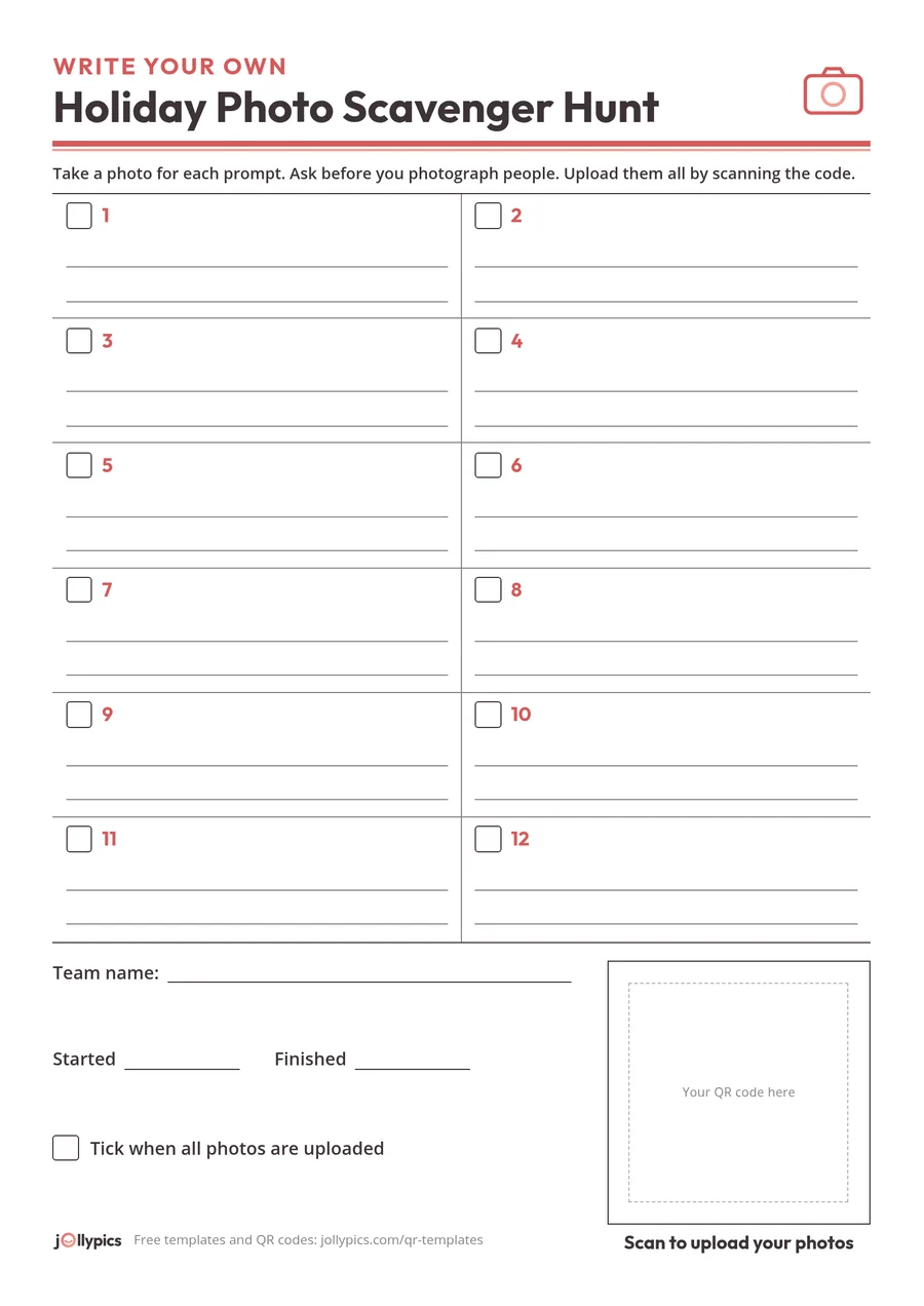 Printable write your own photo scavenger hunt card with 12 blank prompt spaces and a blank square for your QR code