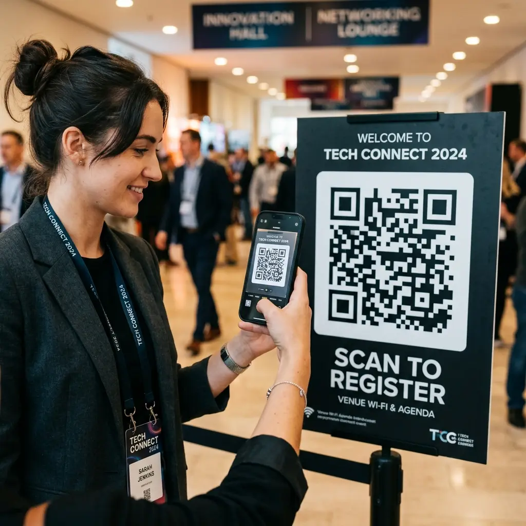 A person scanning a large QR code from an optimal distance at a corporate event