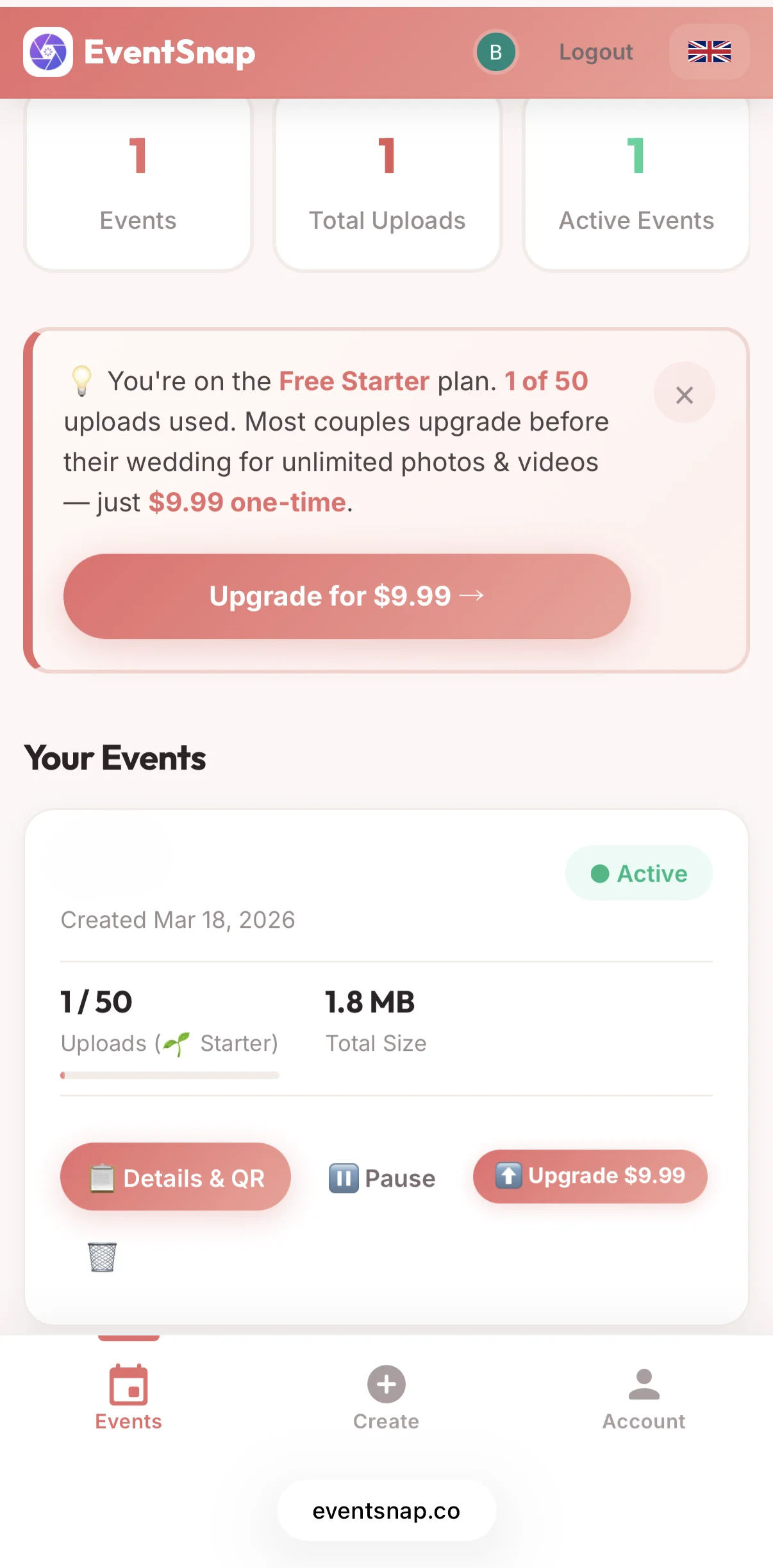 JollyPics 2026 Dashboard with Upgrade Options
