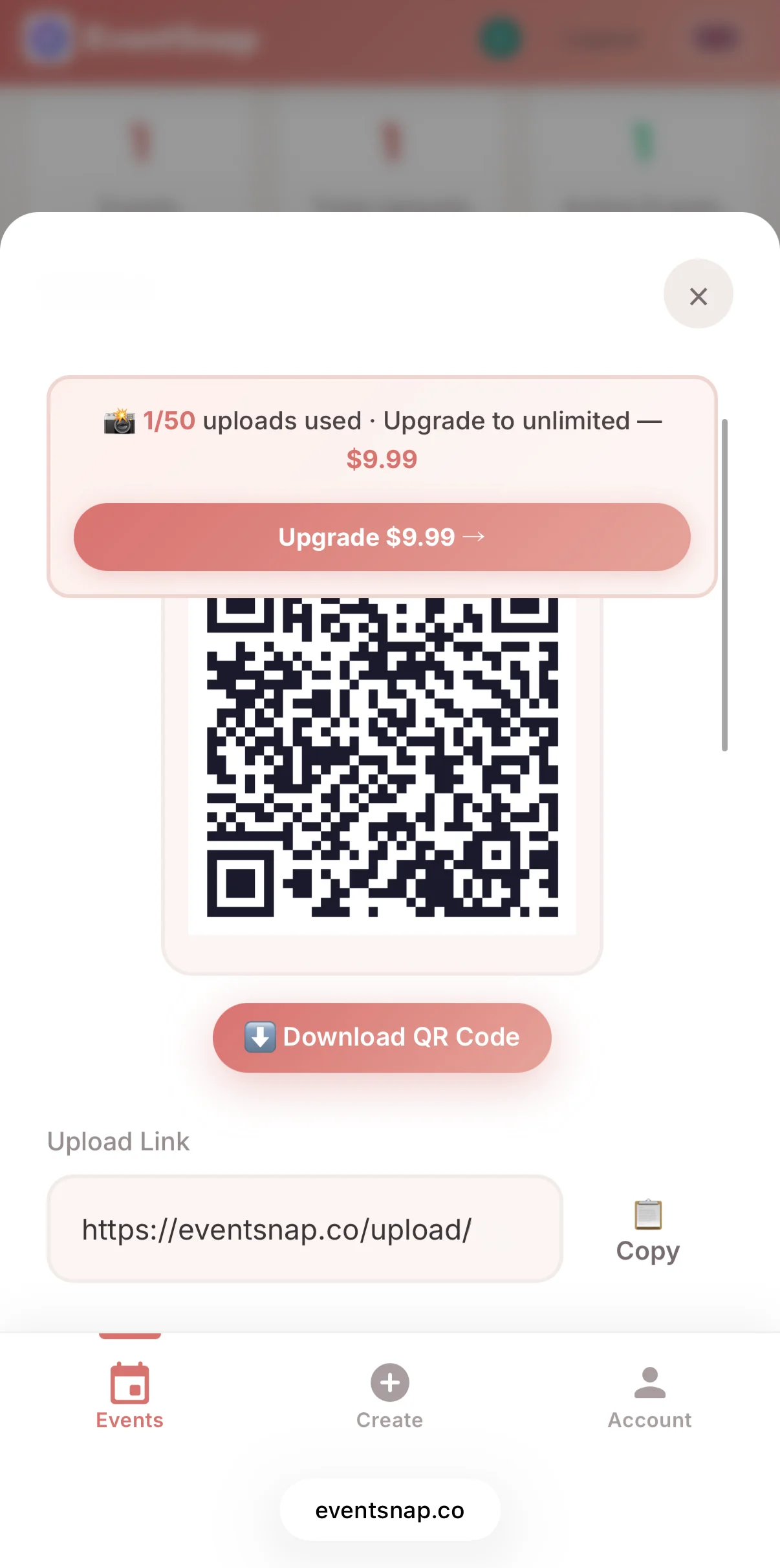 JollyPics 2026 QR Modal with Upgrade Banner