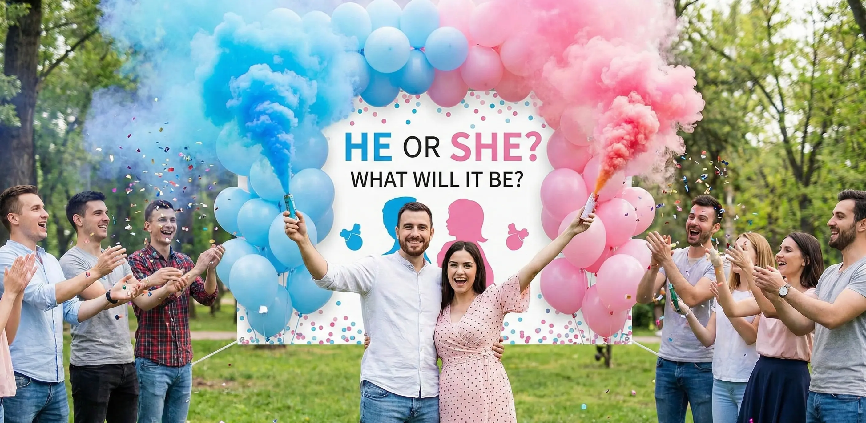 Gender reveal guests scanning QR code for photo and video sharing with JollyPics