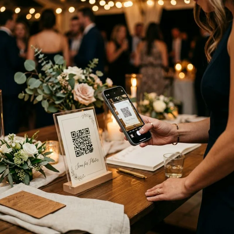 Guests laughing and scanning a QR code with their mobile phone